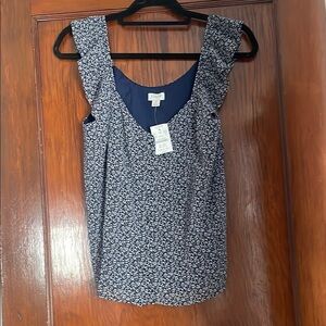 J. Crew White and Blue Flutter Sleeve Ruffled Tank Top
